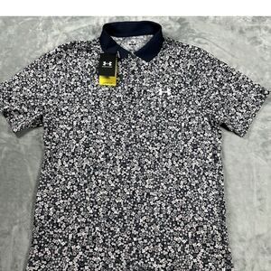 Under Armour Golf Polo Shirt Mens XL Printed Floral Navy Grey White UPF 40